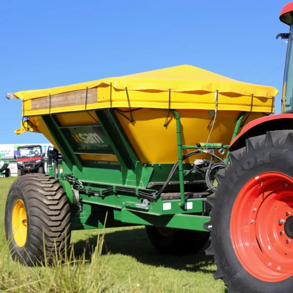 Front view of Sam Spreader attached to tractor